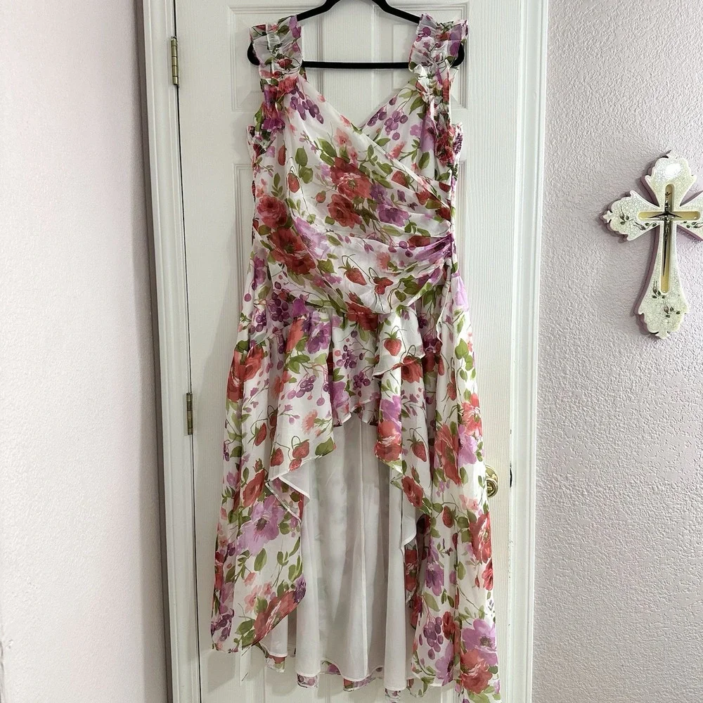 NWT $130 Abercrombie & Fitch Floral Ruffle Strap High-Low Maxi Chiffon Dress 2XL